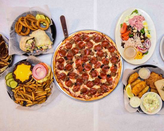 A full spread of pizza, burgers, wings and salad