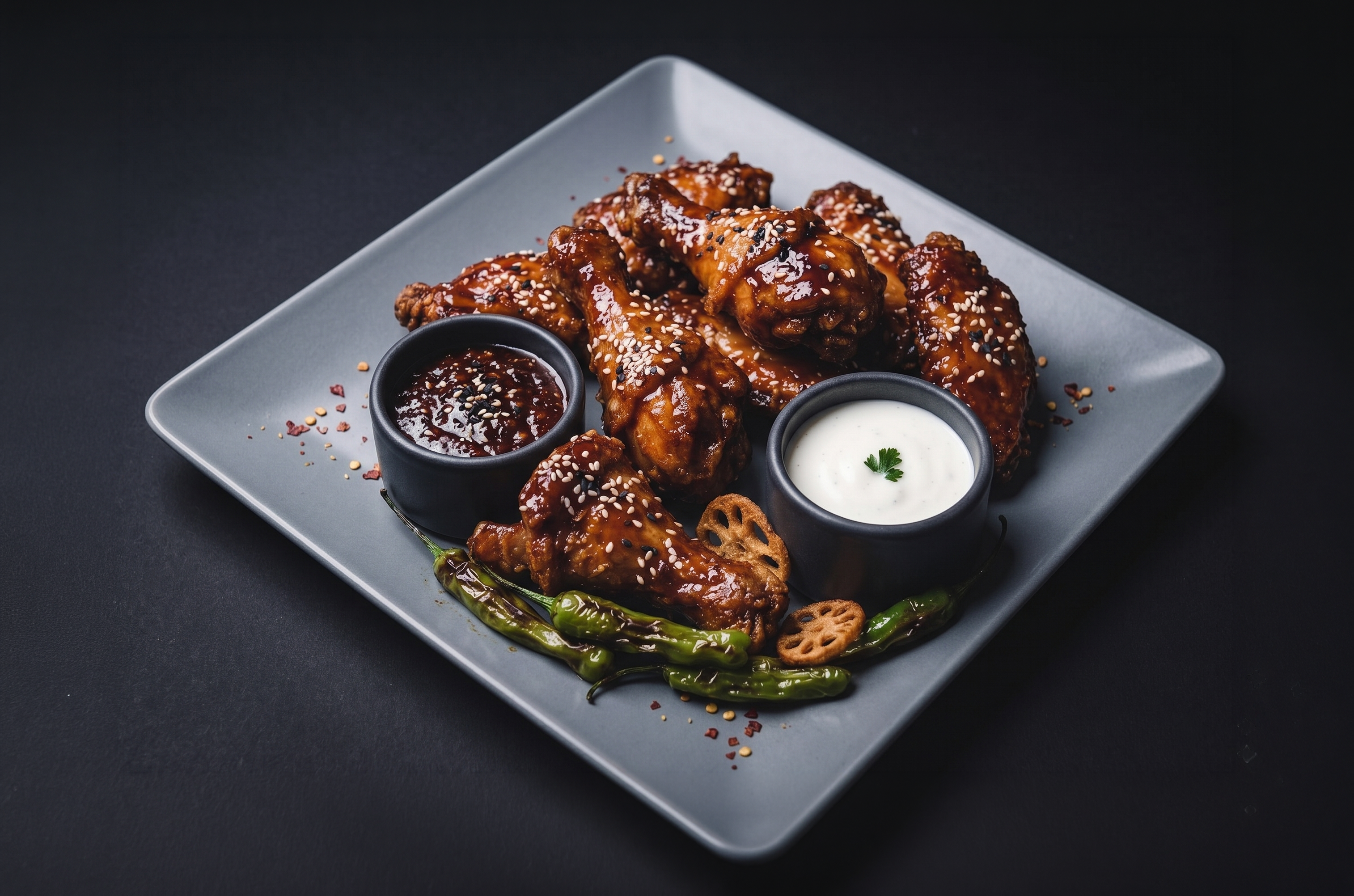 Glazed sesame wings on a slate plate with dipping sauces